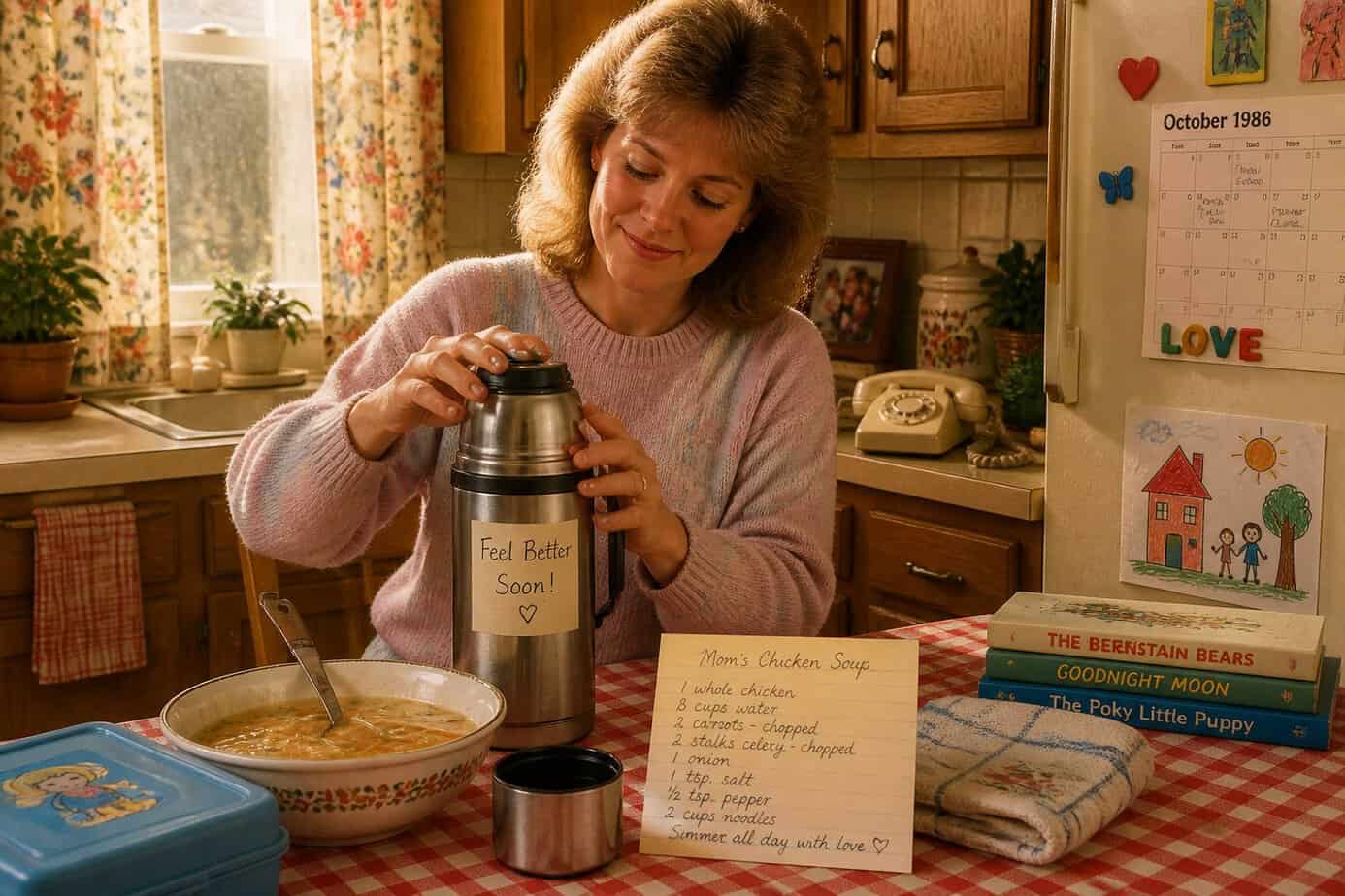 A mother packing a thermos with homemade soup in a cozy kitchen filled with 1980s decor.