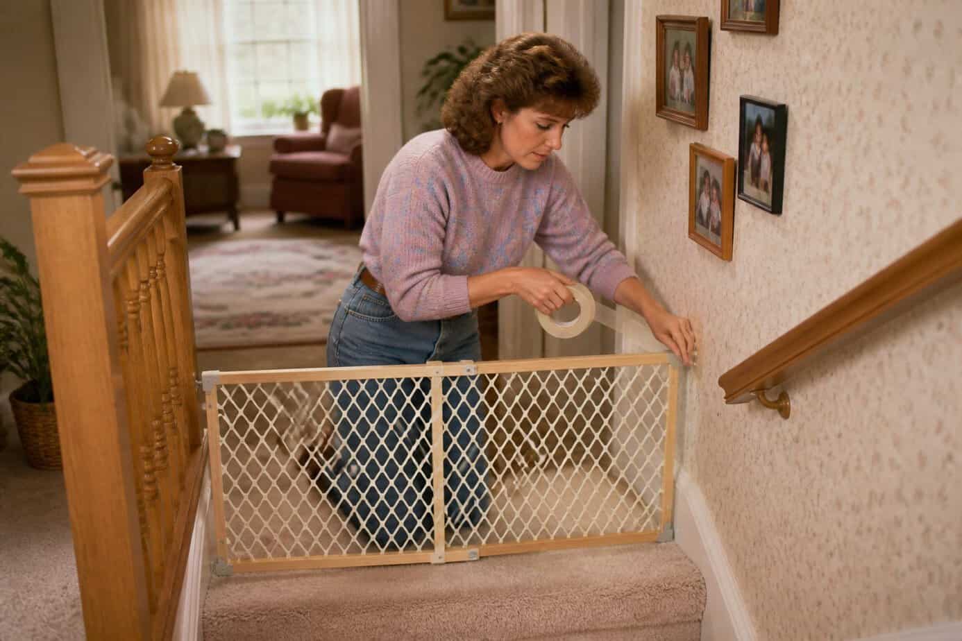A woman taping a safety gate across the top of a staircase inside a home.