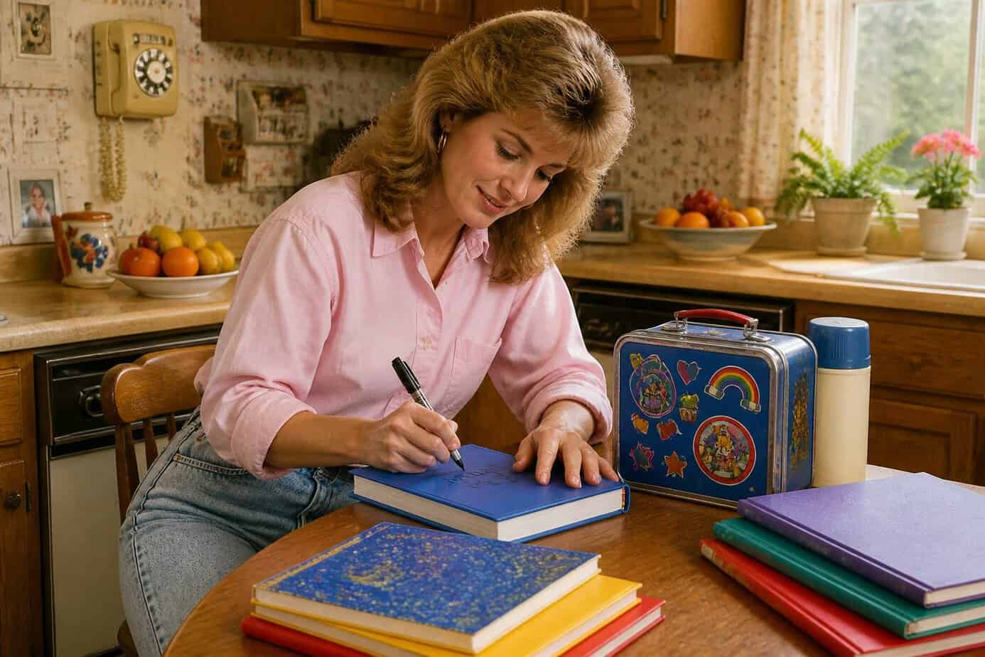 A mother labeling schoolbooks and a lunchbox with a permanent marker at a kitchen table.