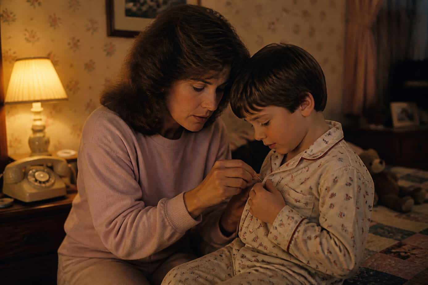 A mother sewing a loose button on her child's shirt at night in a softly lit room, with the child sitting nearby in pajamas.
