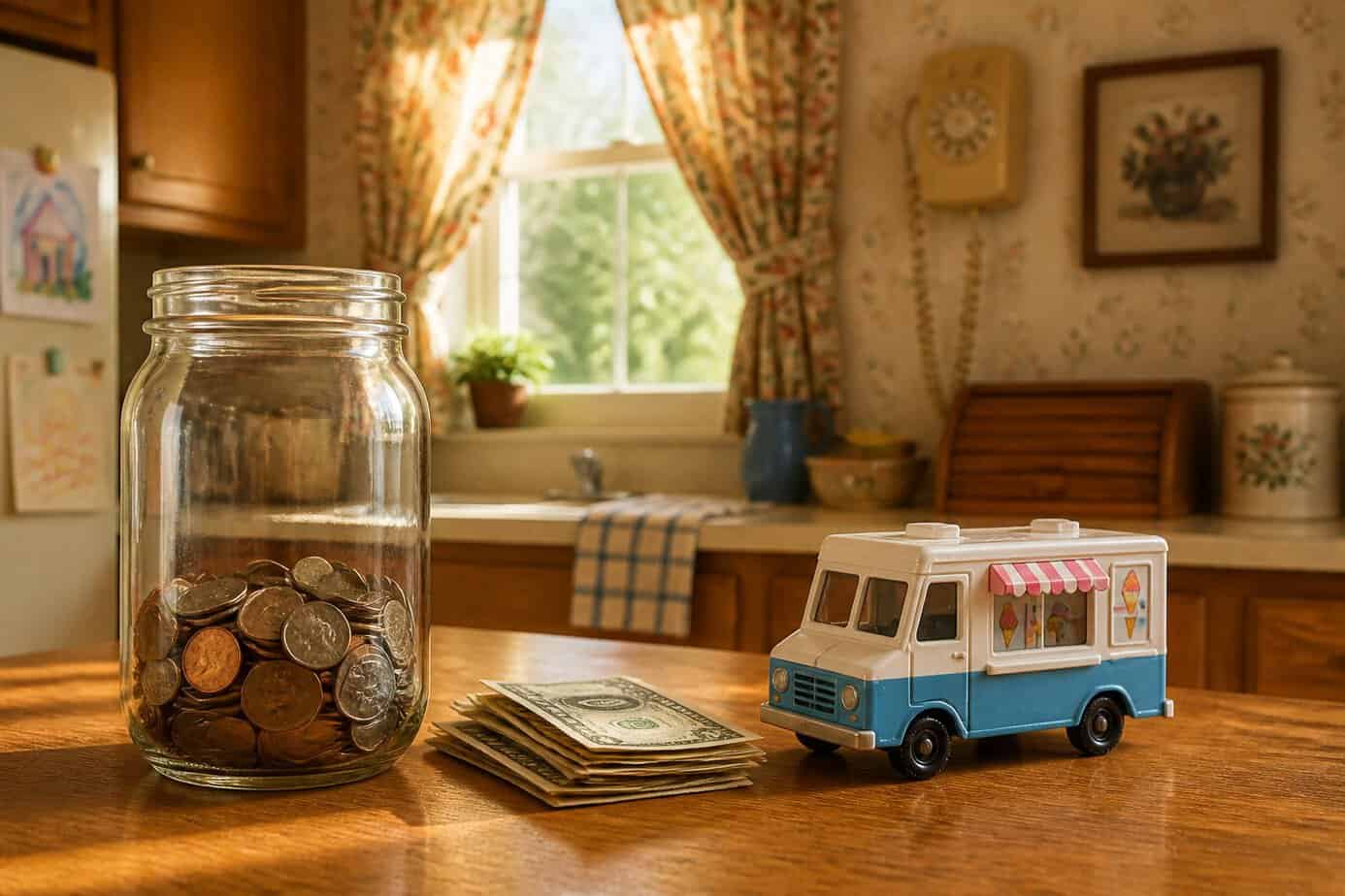 A Mason jar filled with spare change on a kitchen countertop next to a toy ice cream truck in a cozy 1980s kitchen.