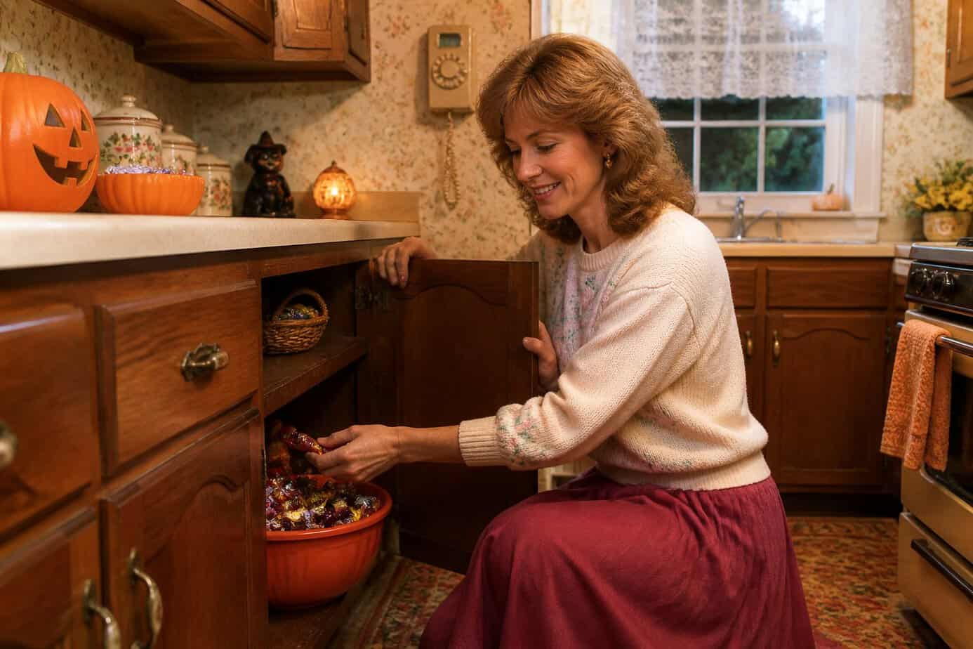 A mother in a 1980s kitchen hiding Halloween candy in a cabinet, creating a safe and cozy atmosphere.
