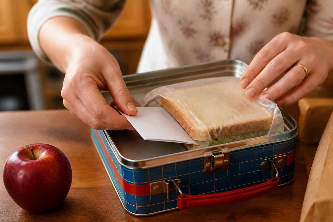 A mother placing a small handwritten note under a sandwich inside a lunchbox.