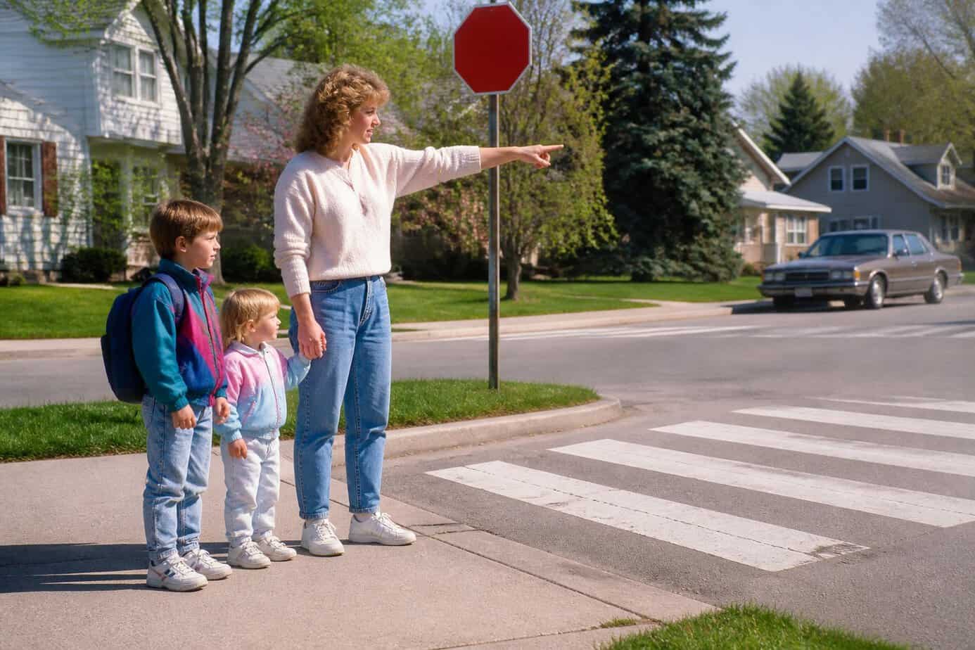 A mother teaching her two children how to cross the street safely at a neighborhood street corner.