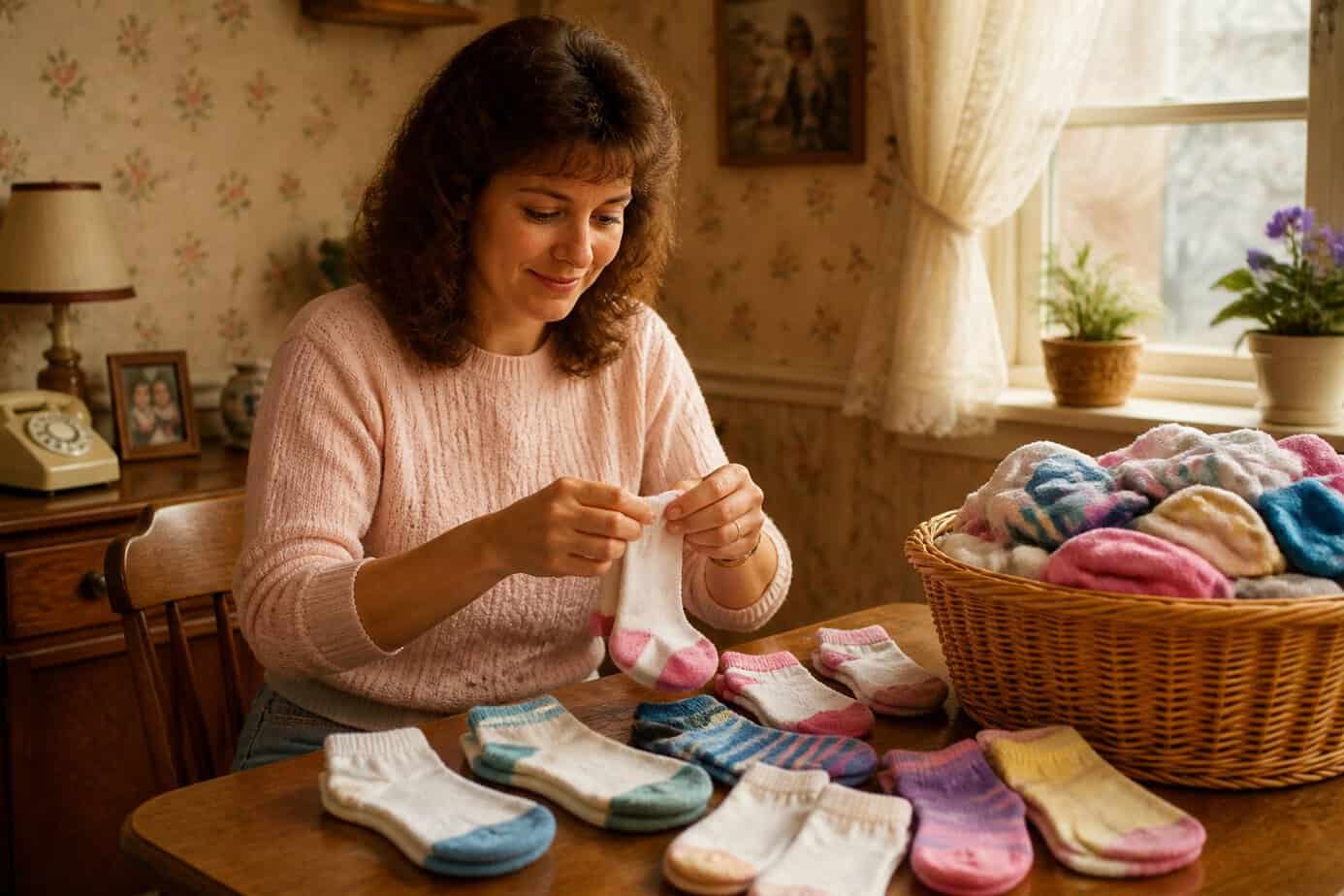 A mother folding pairs of colorful socks at a wooden table in a cozy home.