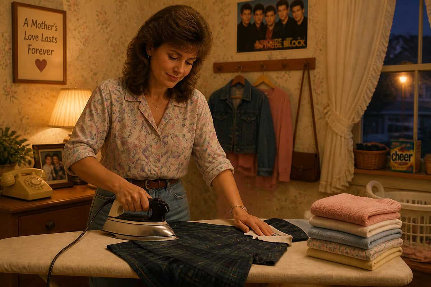 A mother ironing a school uniform or dress on an ironing board in a cozy room at night.