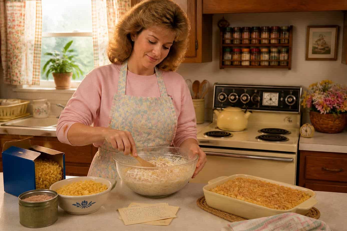 A mother in a 1980s kitchen preparing a tuna noodle casserole with ingredients and vintage kitchen items around her.