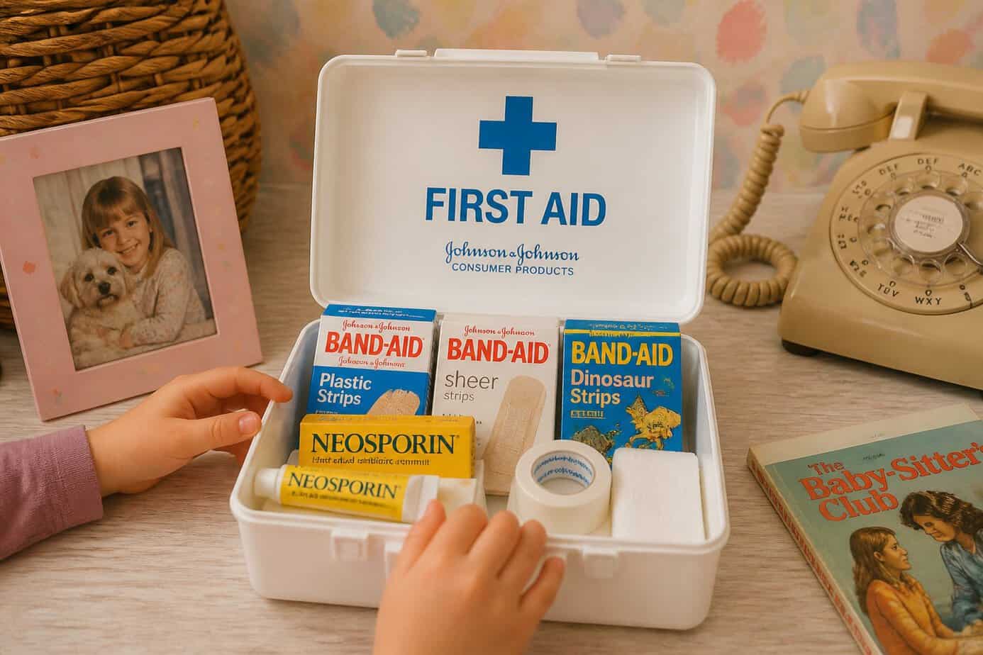 A first-aid kit with Neosporin and Band-Aids on a wooden surface, with a child's hands reaching toward the supplies.