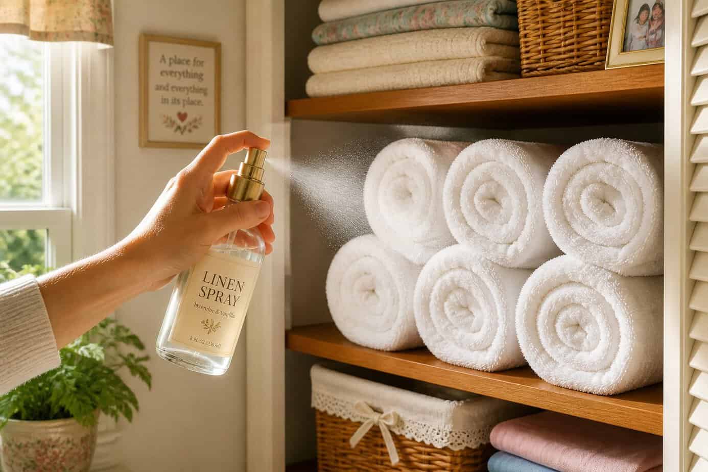 A hand spraying linen spray onto freshly rolled white towels stacked on wooden shelves in a bright, tidy linen closet.