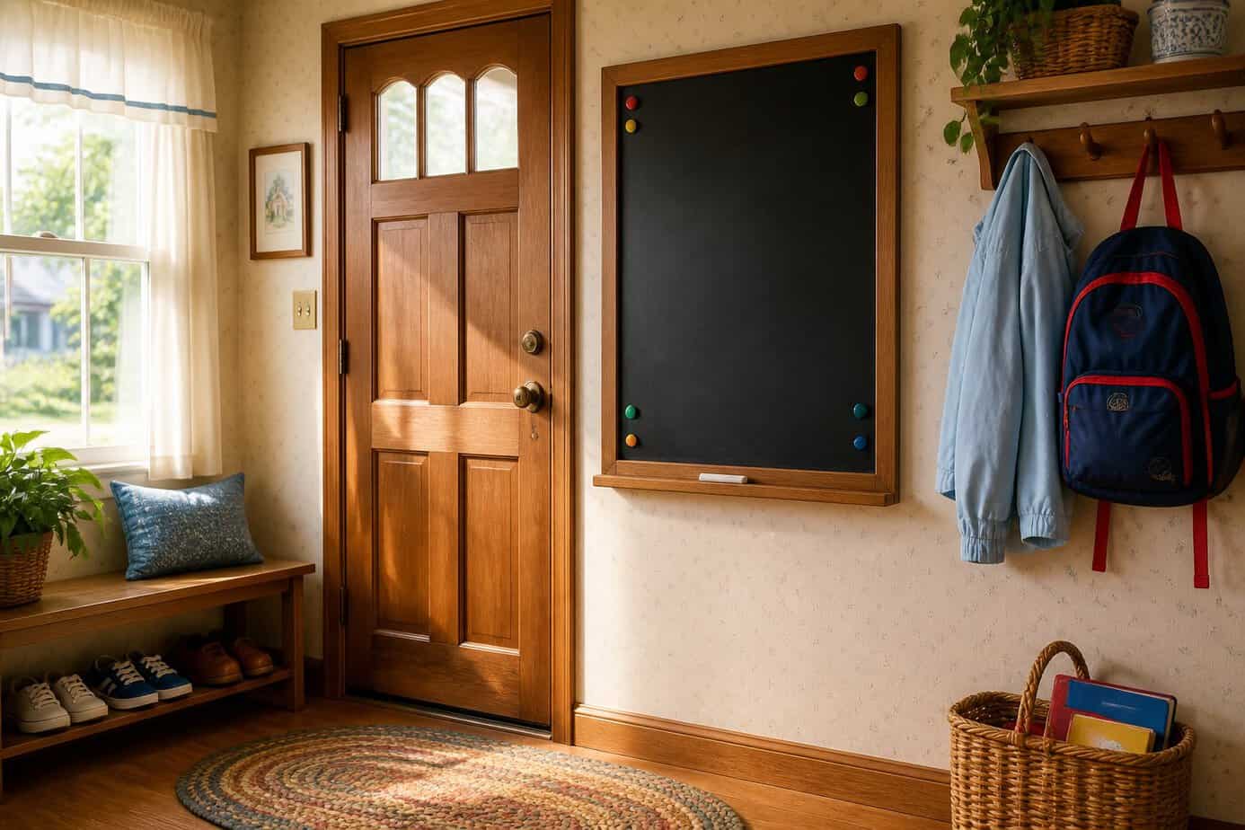 Entryway with a wooden door and a blank chalkboard mounted beside it, a coat rack with a jacket and backpack, and a bench with shoes underneath.