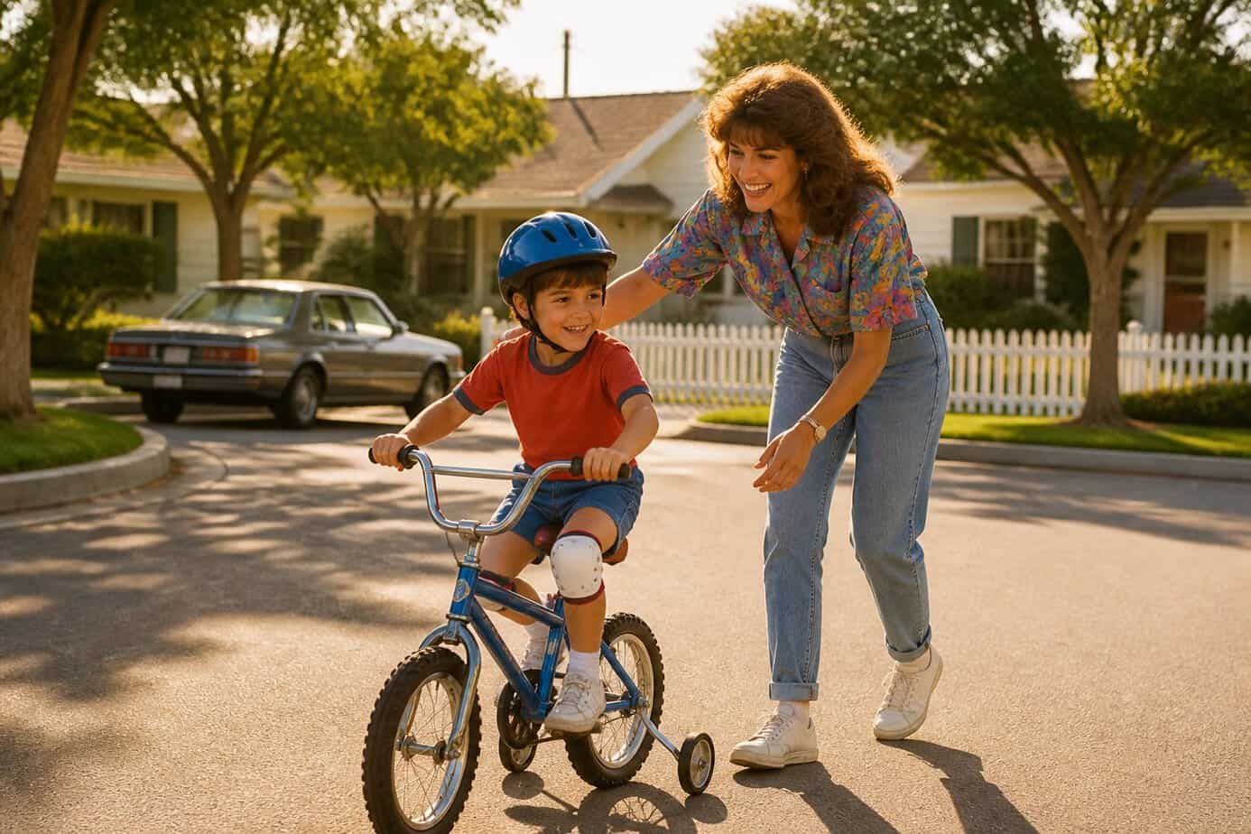 A mother teaching her young child to ride a bike in a quiet suburban cul-de-sac on a sunny day.