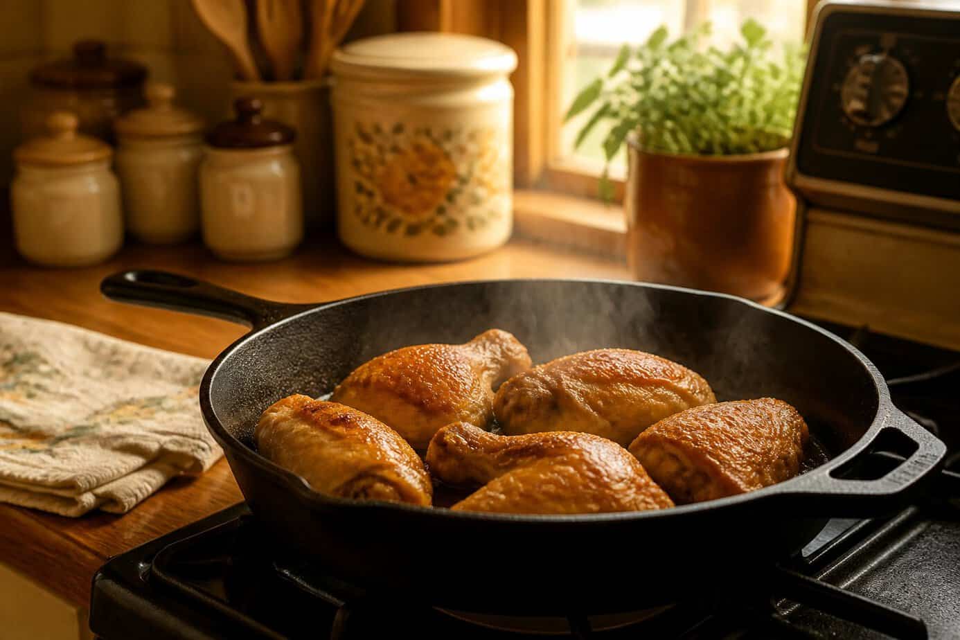 Close-up of leftover chicken reheating in a cast-iron skillet on a stovetop in a warm, cozy kitchen.
