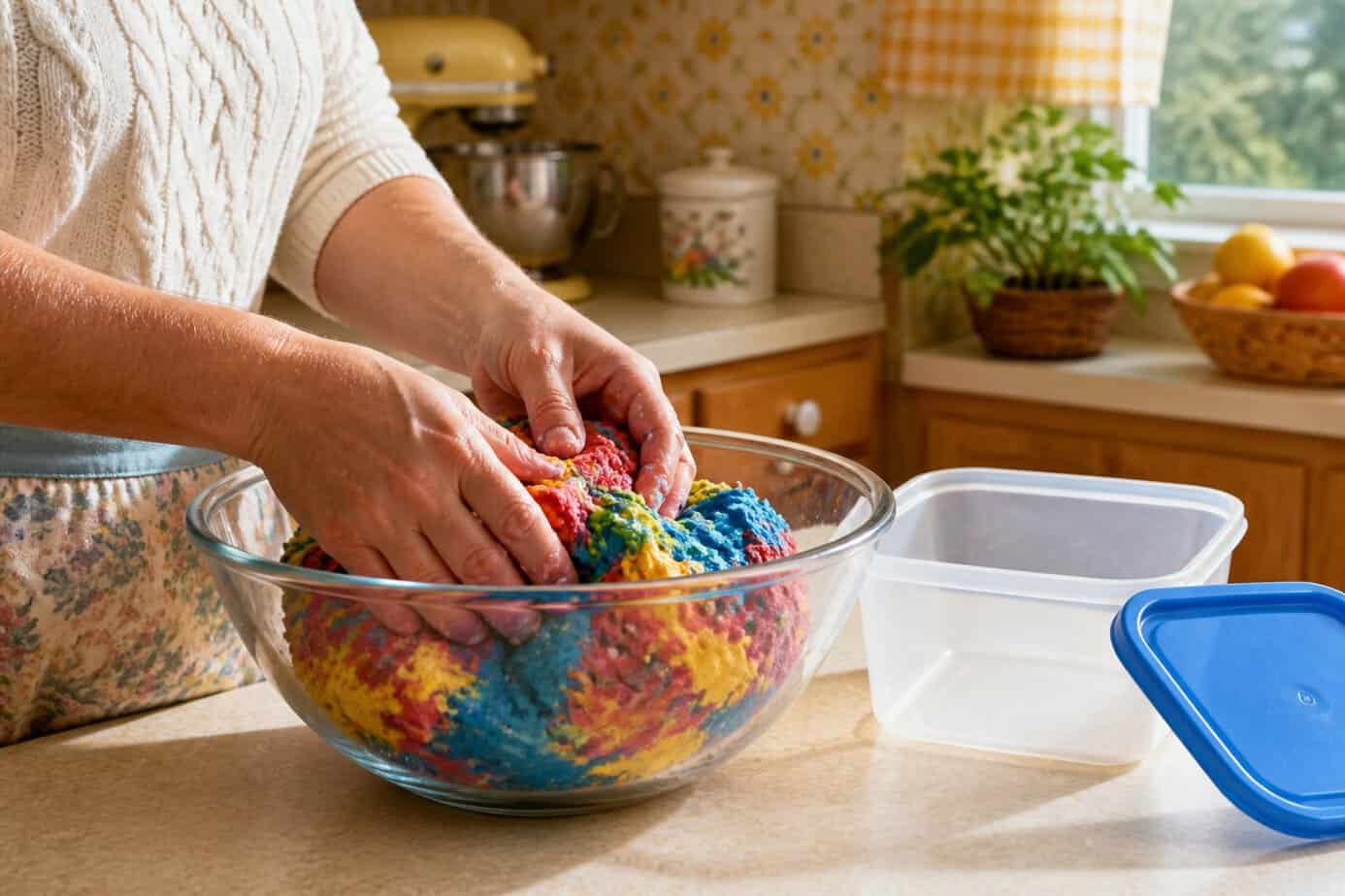 Hands mixing colorful homemade playdough in a bowl next to an open Tupperware container on a kitchen counter.