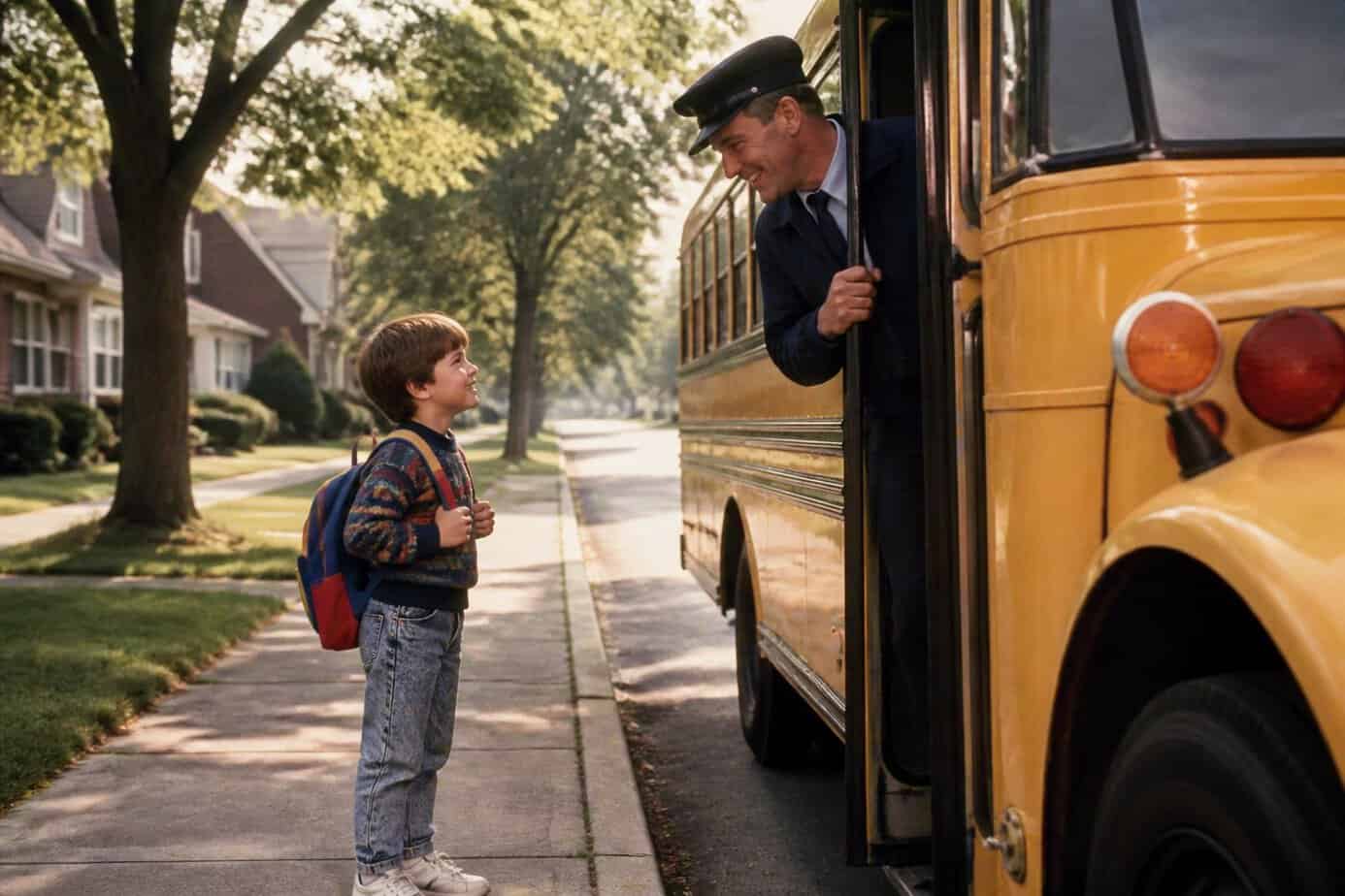 A young child at a suburban bus stop smiling and calling out to a friendly bus driver leaning out of a yellow school bus on a sunny morning.