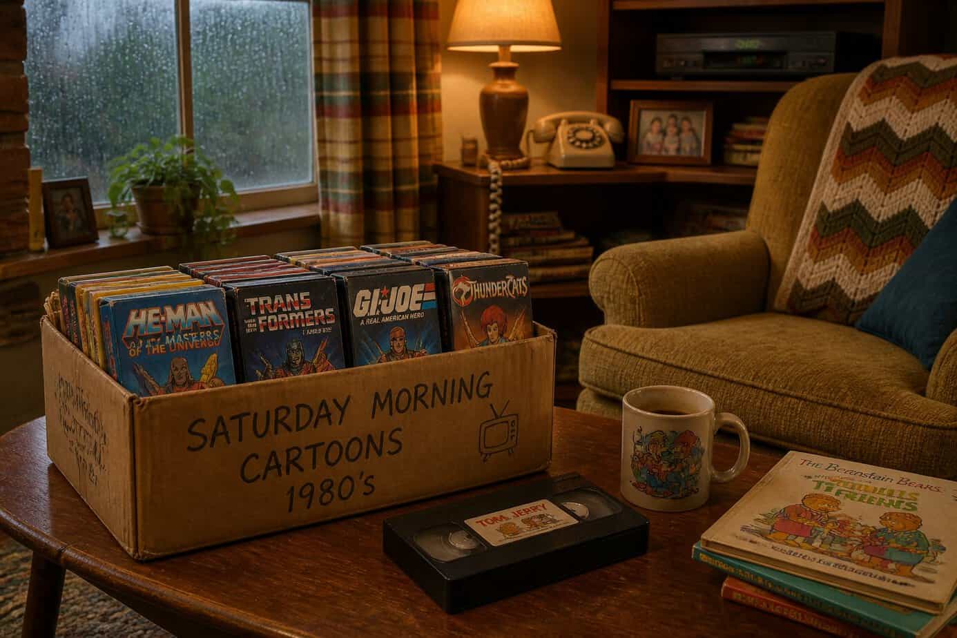 A cozy living room with a box of classic VHS cartoon tapes on a coffee table, rain visible outside the window, and a comfortable armchair nearby.