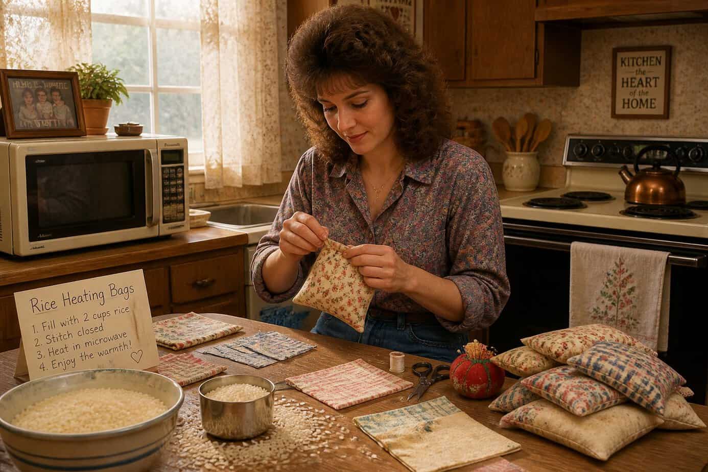A mother in a 1980s kitchen making homemade rice heating bags at a wooden table with fabric and sewing supplies.