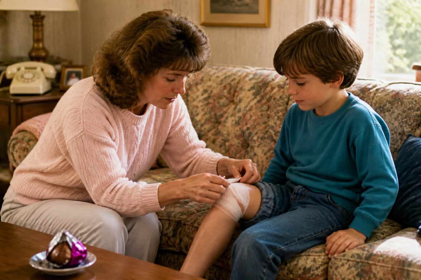 A mother carefully wrapping a child's bandaged knee while a chocolate treat sits nearby on a table.