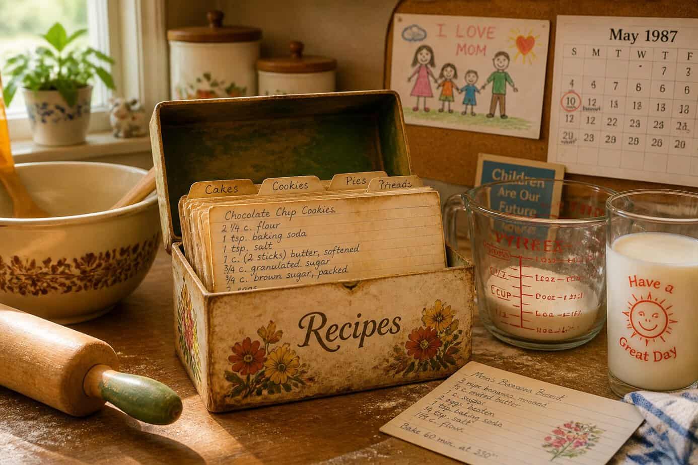 A vintage recipe card box open on a kitchen counter surrounded by baking tools and a glass of milk, with a child's drawing and calendar visible in the background.