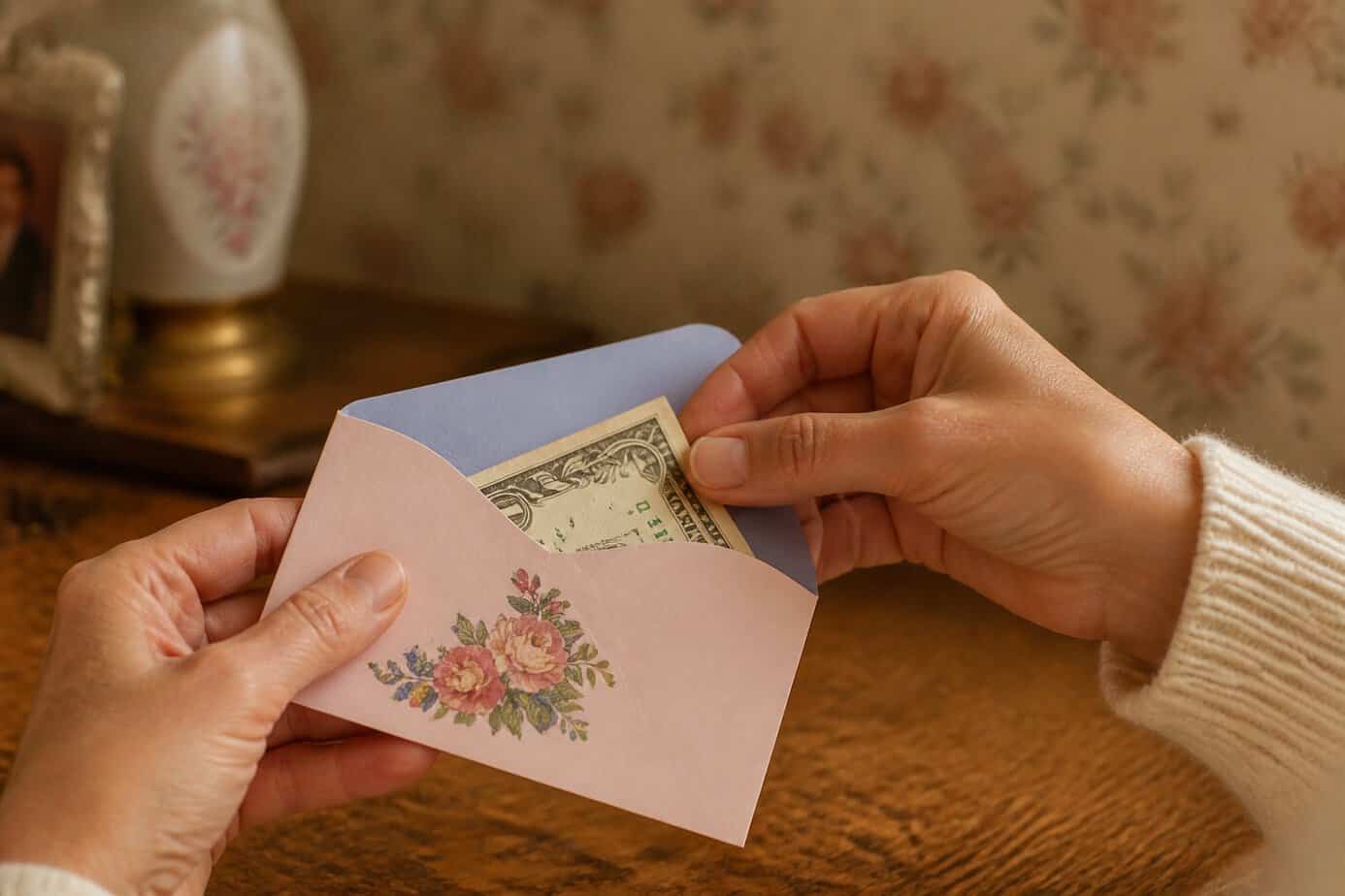 Hands placing a folded dollar bill into a pastel birthday card envelope on a wooden surface.