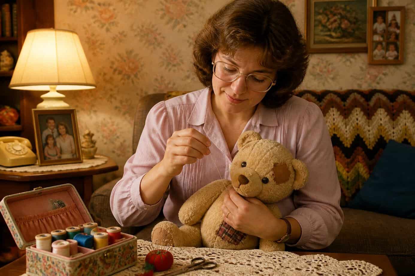 A mother carefully sewing a worn teddy bear in a cozy living room filled with vintage 1980s decor.