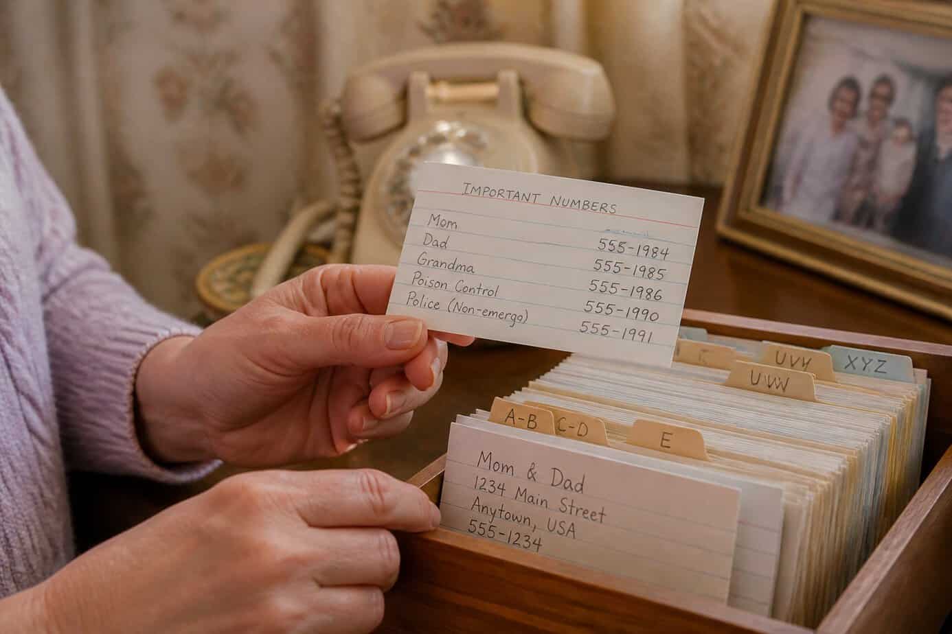 Hands organizing an index card with phone numbers and addresses inside a wooden drawer filled with similar cards.