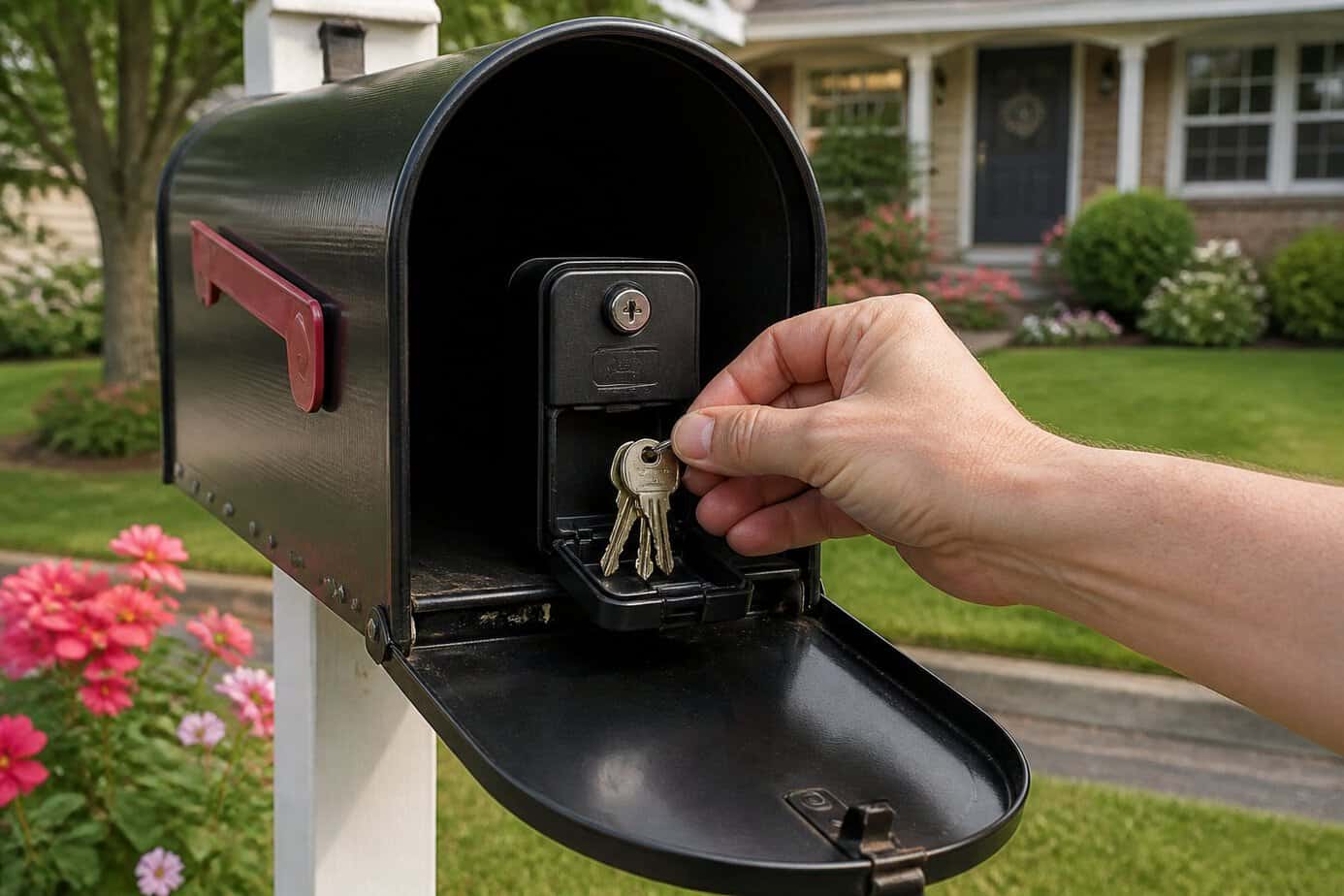 A hand placing or taking a spare set of house keys from a small key safe inside a mailbox in a suburban front yard.