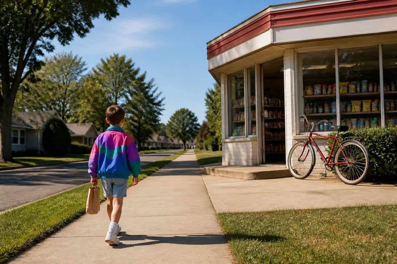 A young child walking alone on a sidewalk toward a small corner store in a quiet neighborhood.