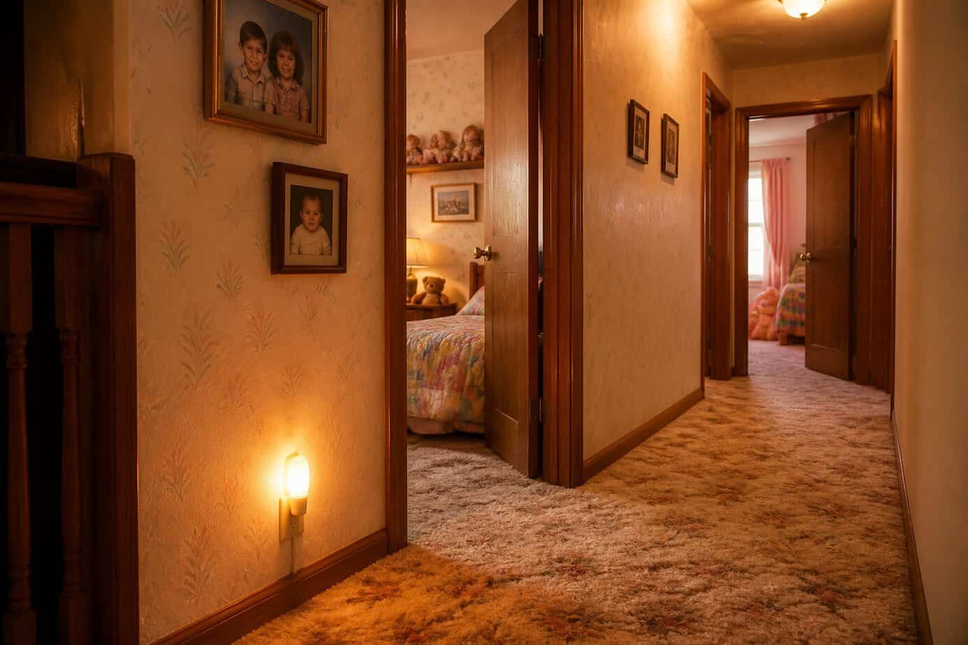 A softly lit hallway outside children's bedrooms with a nightlight glowing near the floor, doors slightly open showing kids' rooms.