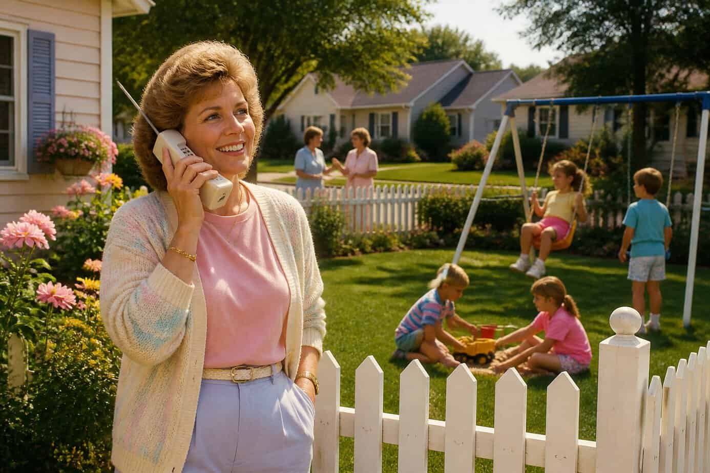 A woman near a white picket fence using a phone while children play in a backyard with a swing set.
