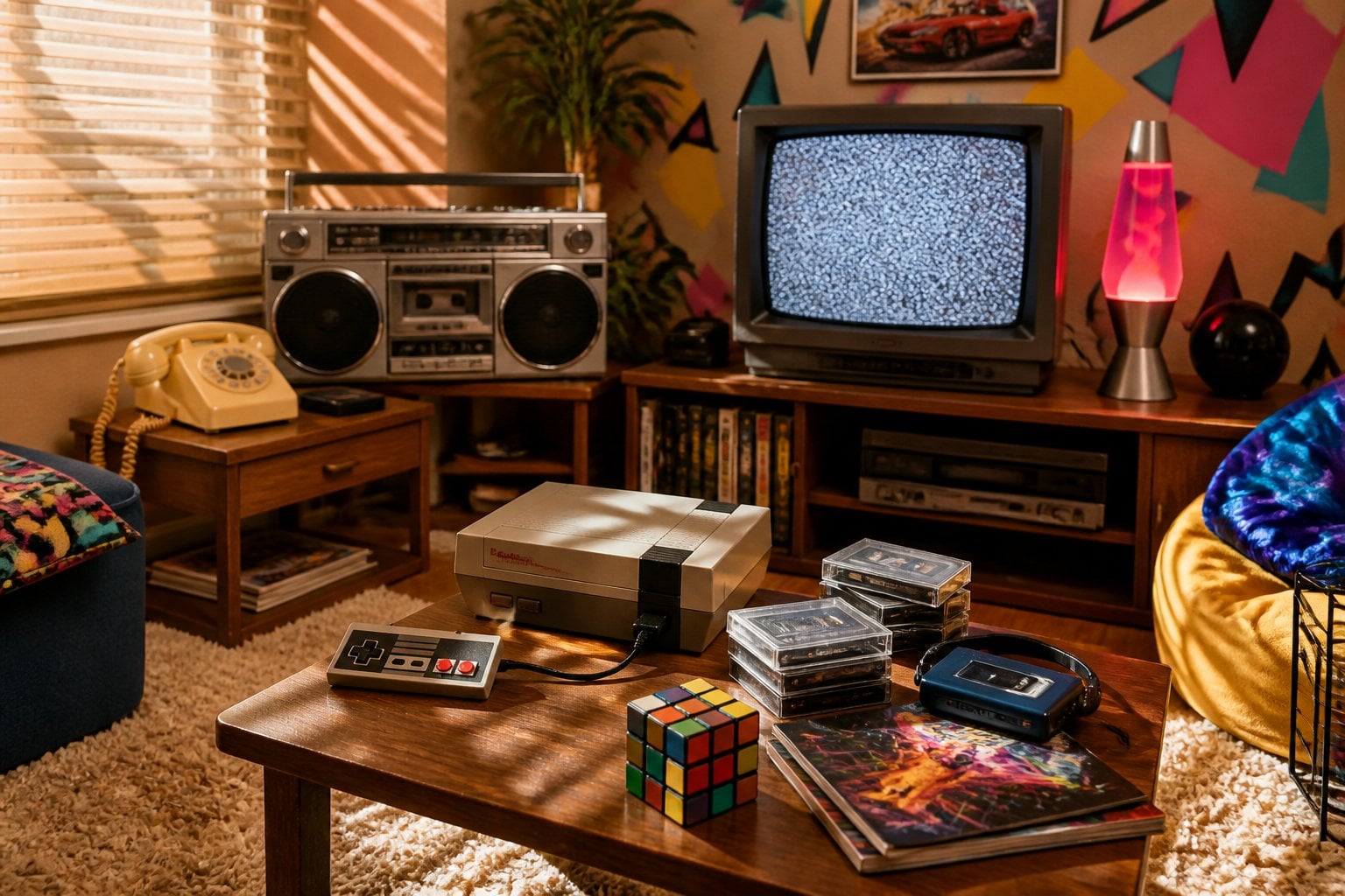 A 1980s living room with a boombox, rotary phone, Nintendo console, cassette tapes, Walkman, TV with static, Rubik's Cube, and bright patterned wallpaper.