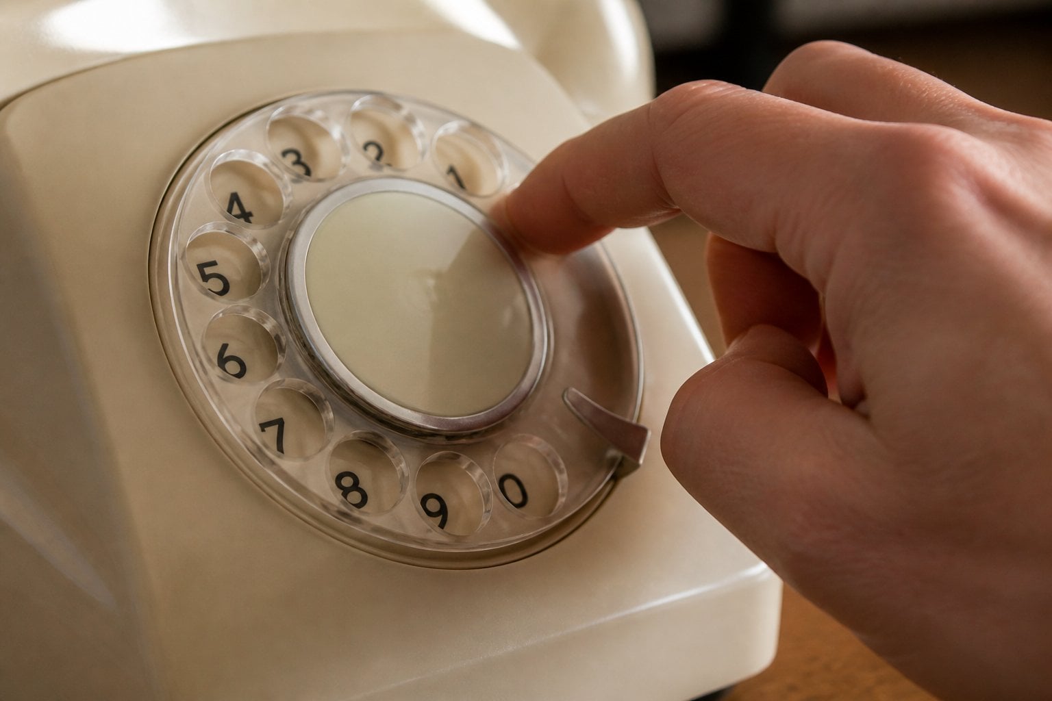 A hand dialing a number on a vintage rotary phone.