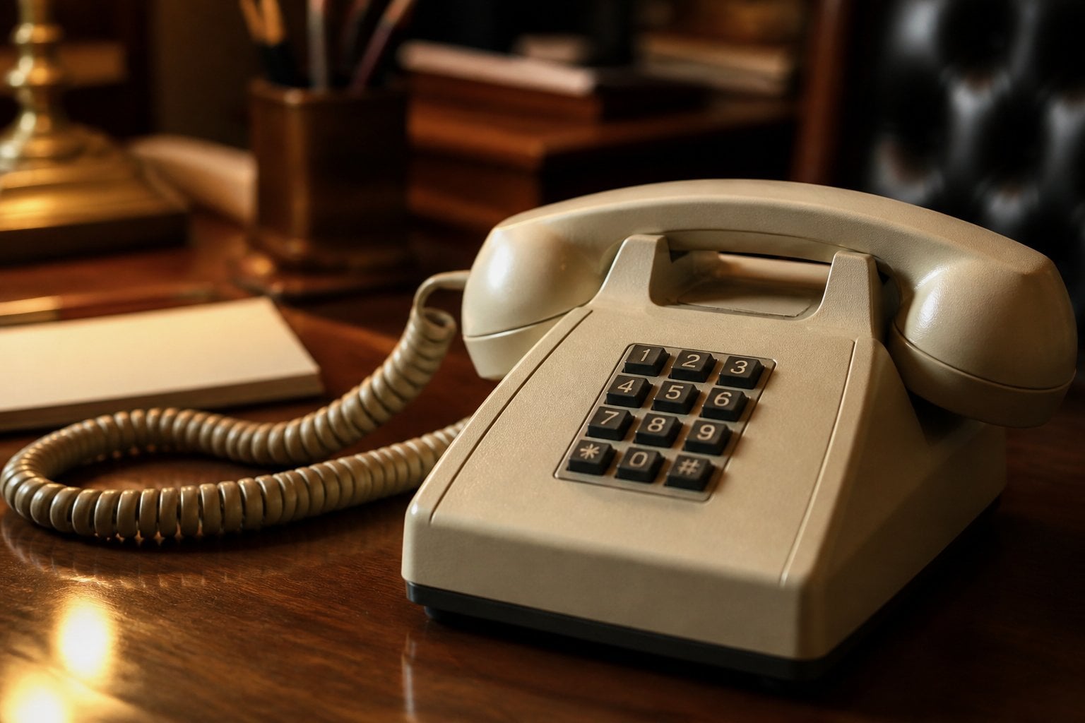 Close-up of a vintage 1980s landline telephone with a coiled cord on a wooden desk.