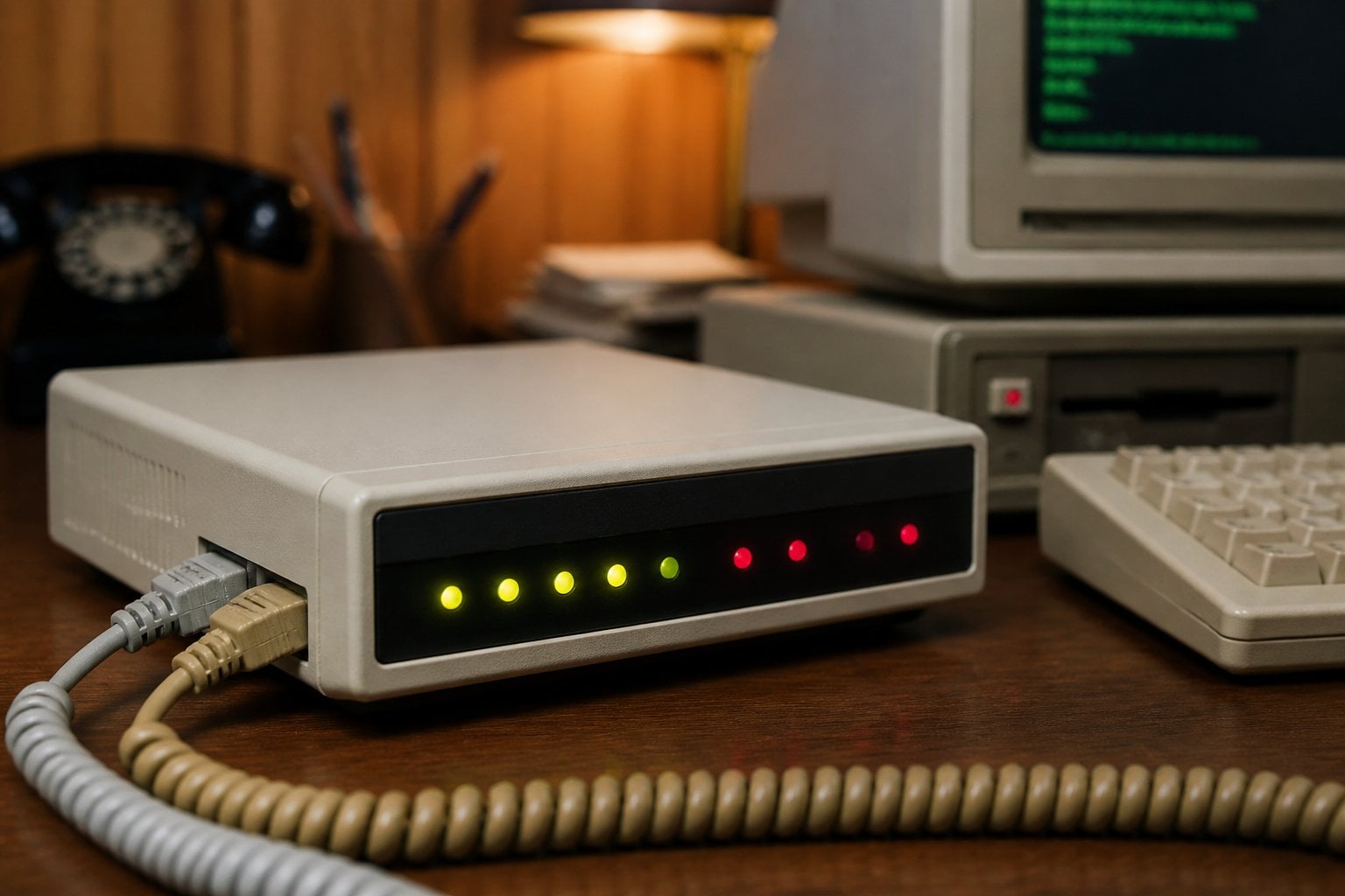 Close-up of a vintage dial-up modem with blinking lights connected to an old desktop computer in a retro 1980s workspace.