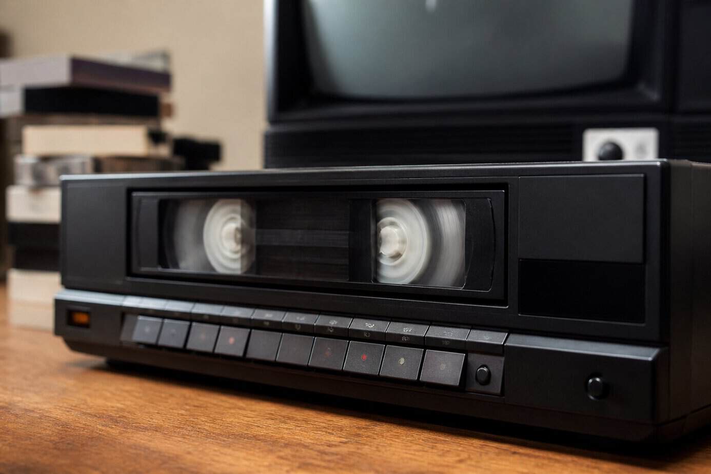 Close-up of a VHS tape player rewinding or fast-forwarding a tape, with a stack of VHS tapes and a vintage TV in the background.