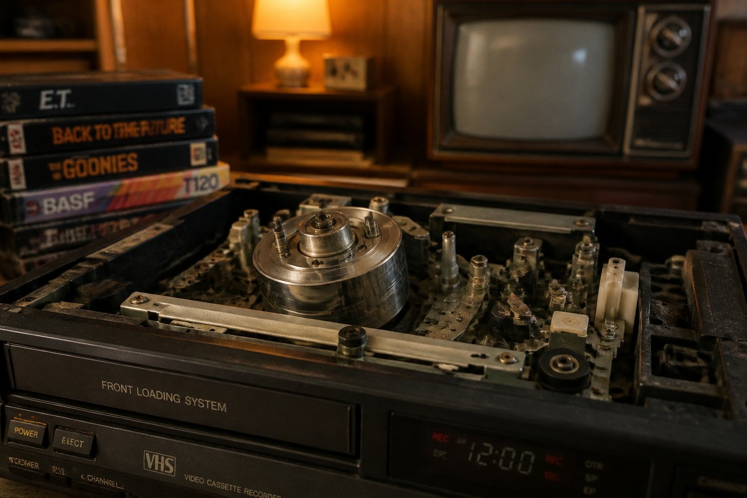 Close-up of the exposed heads inside a vintage VCR tape player with blurred retro items in the background.