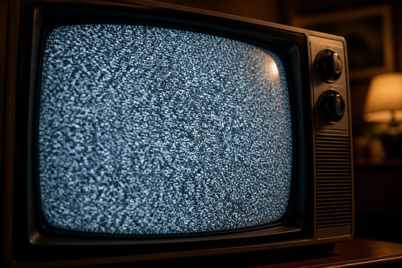 Close-up of an old television screen showing black and white static and snow between channels.