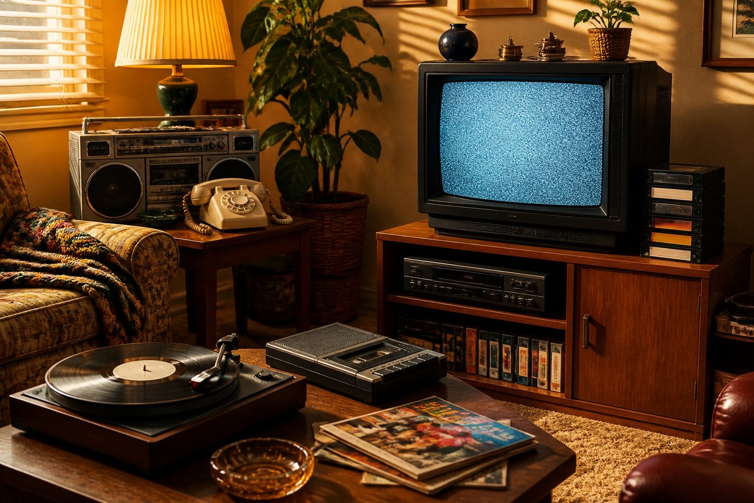 A 1980s living room with a CRT television, VHS player, rotary phone, boombox, and vinyl record player, bathed in warm sunlight.