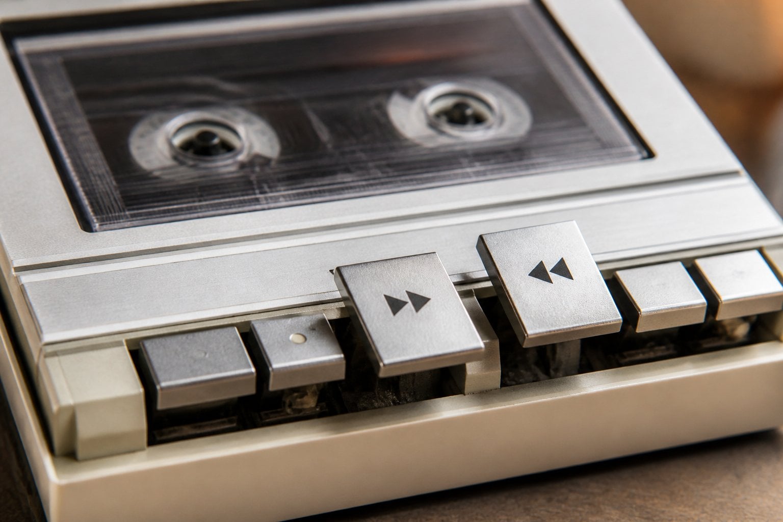 Close-up of a vintage cassette tape recorder with fast-forward and rewind buttons and a cassette tape inside.