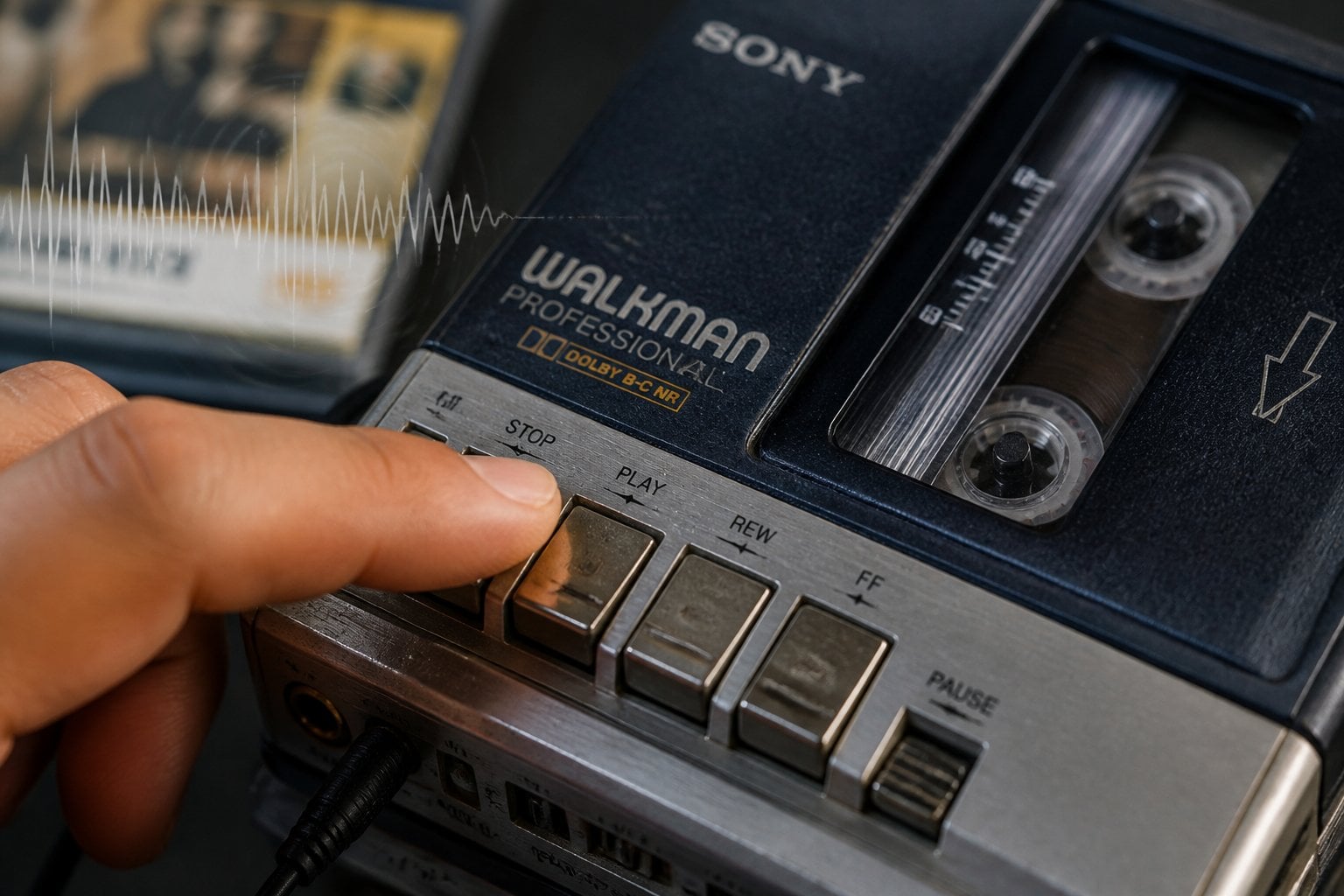 A hand pressing the play button on a vintage 1980s Walkman with a cassette tape visible inside.