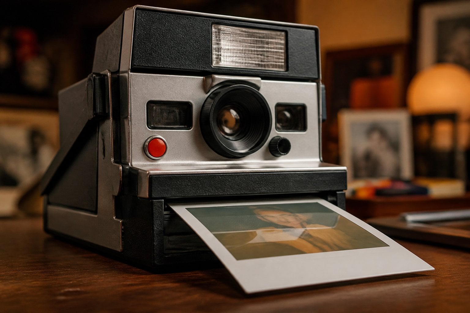 Close-up of a vintage Polaroid camera ejecting an instant photo.