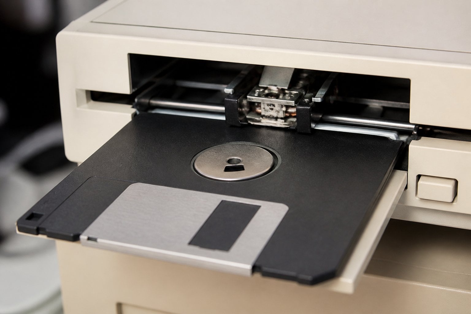 Close-up of a vintage floppy disk partially inserted into a floppy disk drive, showing the write-protect notch.