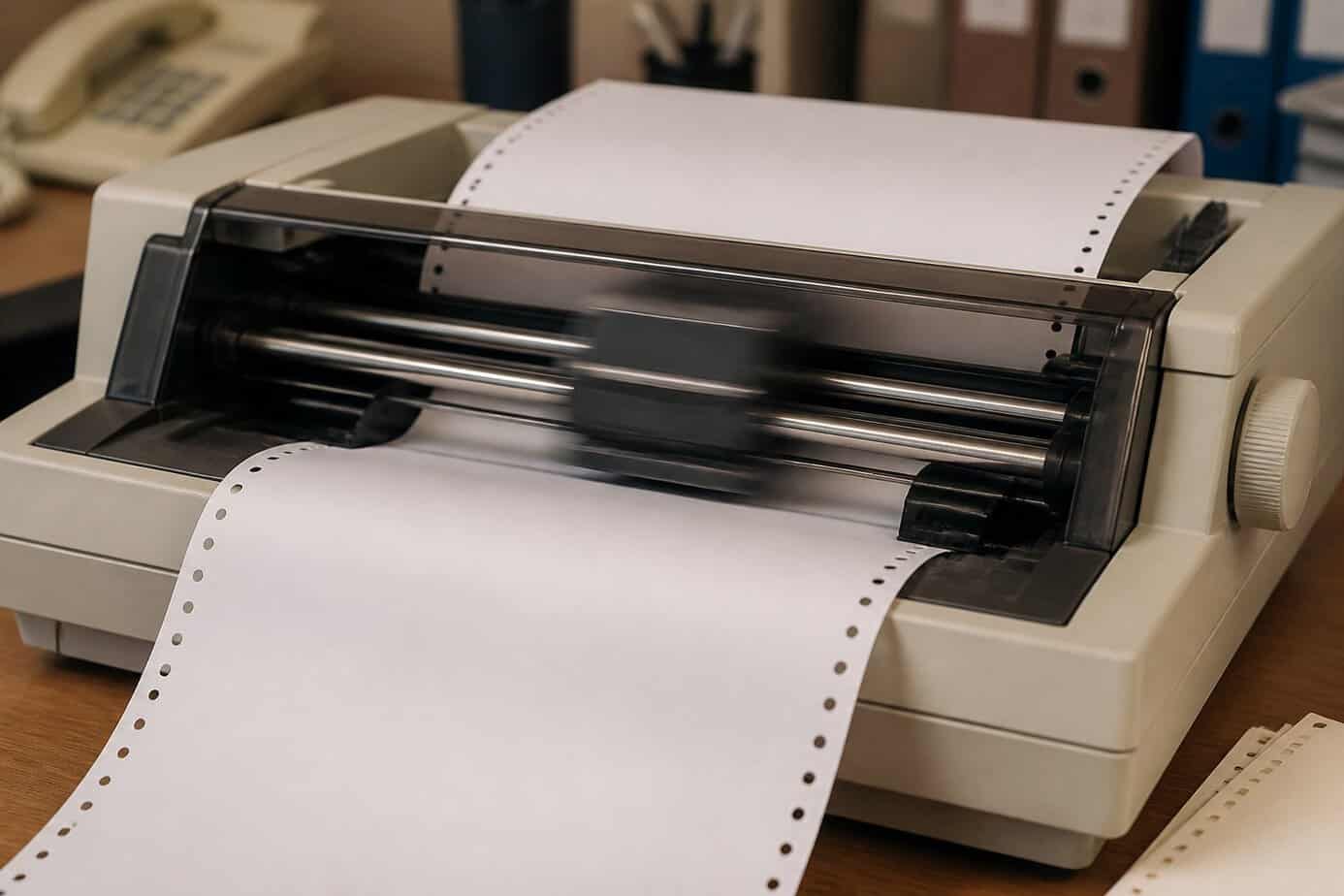 Close-up of a vintage dot matrix printer feeding continuous paper with perforated edges on an office desk.