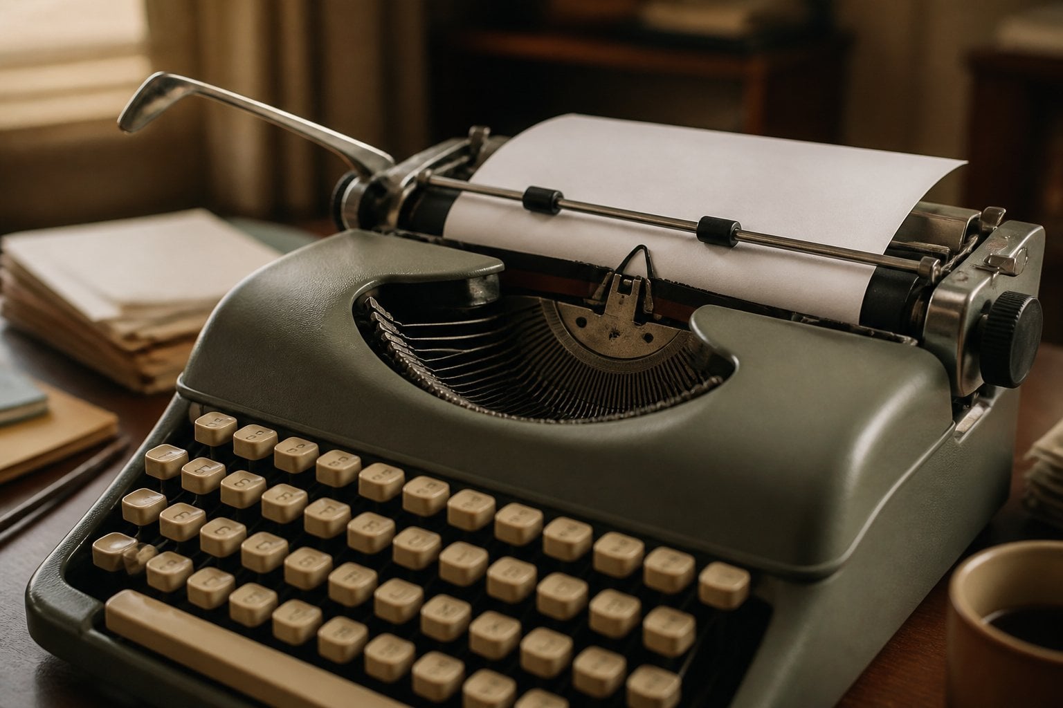 Close-up of an old mechanical typewriter with keys being pressed and the return lever raised.
