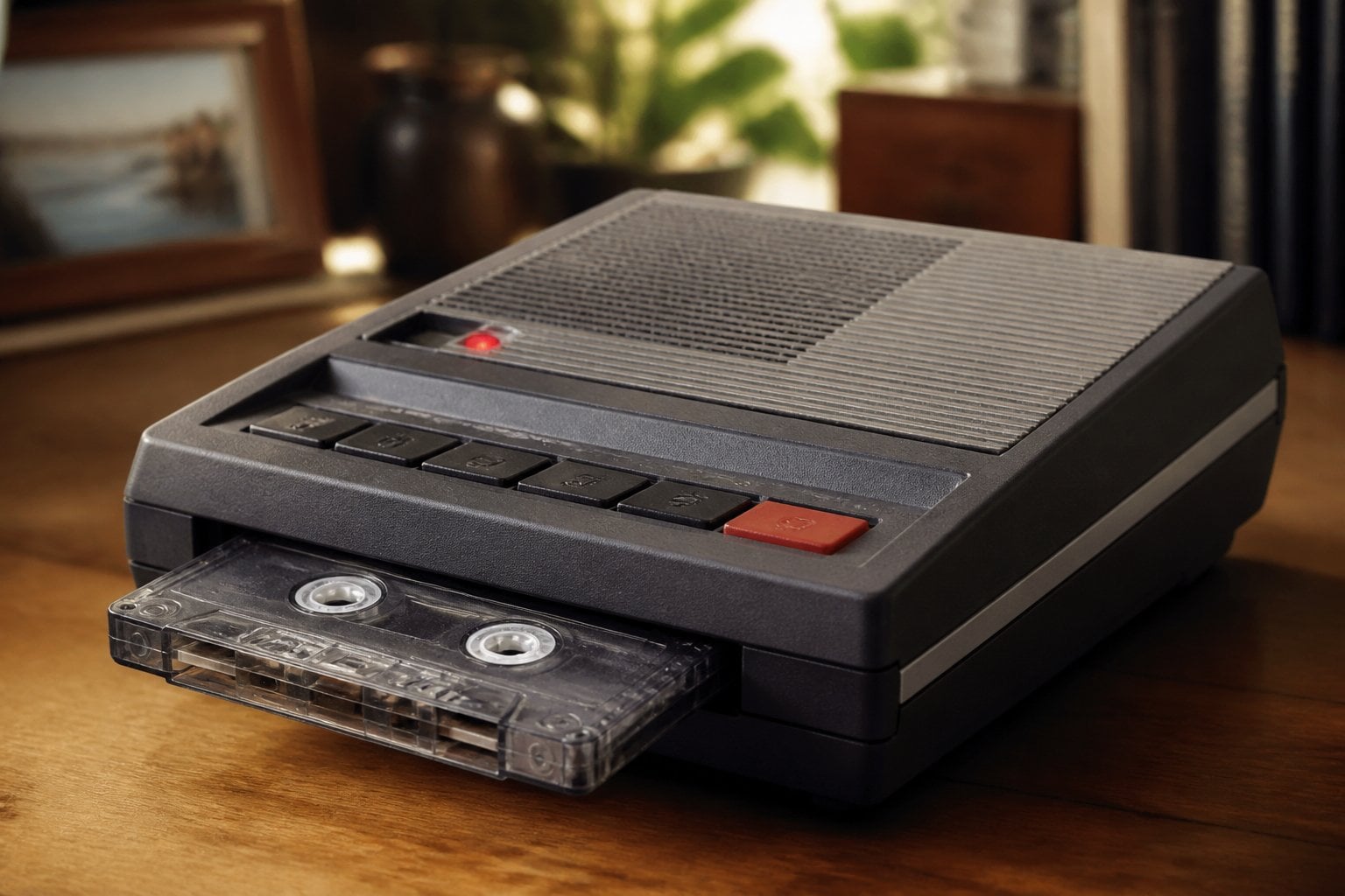 A vintage 1980s answering machine on a wooden desk with a cassette tape inside, softly lit in a cozy room.