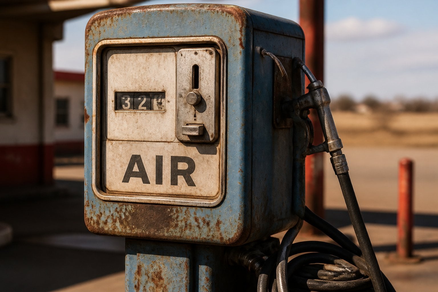Close-up of an old gas station air pump with a coin meter and air hose, showing signs of wear and age.