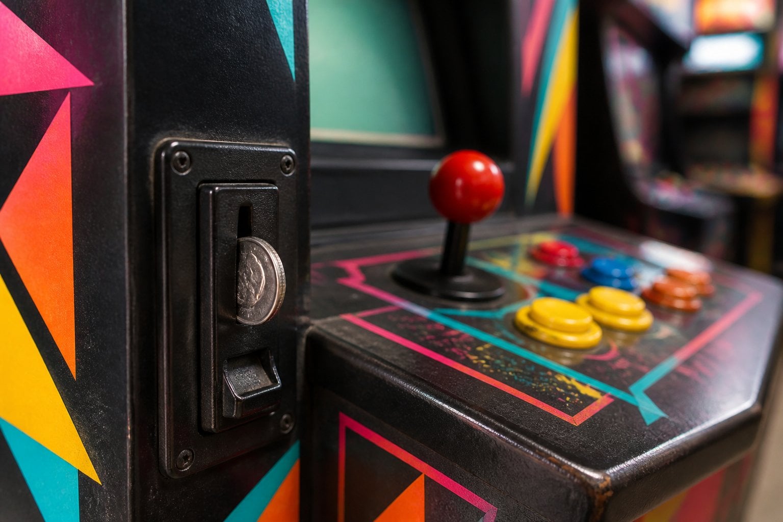 Close-up of a coin being inserted into an arcade cabinet coin slot next to a colorful joystick and buttons.