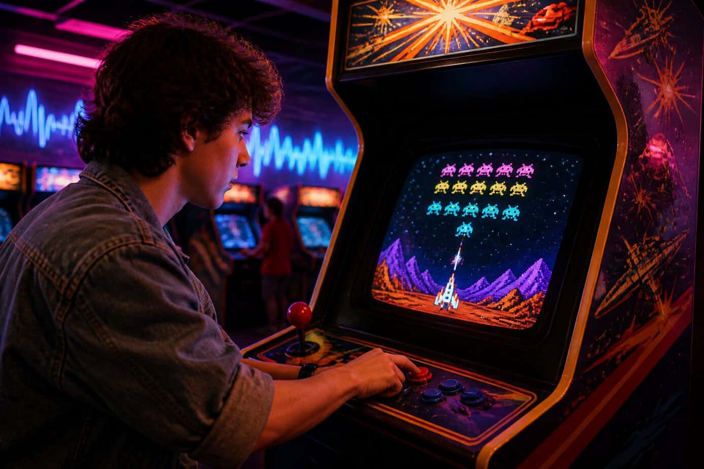 A person pressing the start button on a glowing 1980s arcade game machine surrounded by other arcade cabinets in a dimly lit room.