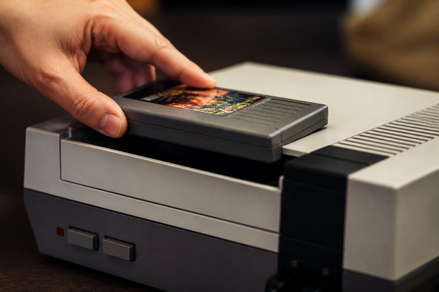 Hands inserting a vintage game cartridge into a classic gaming console.