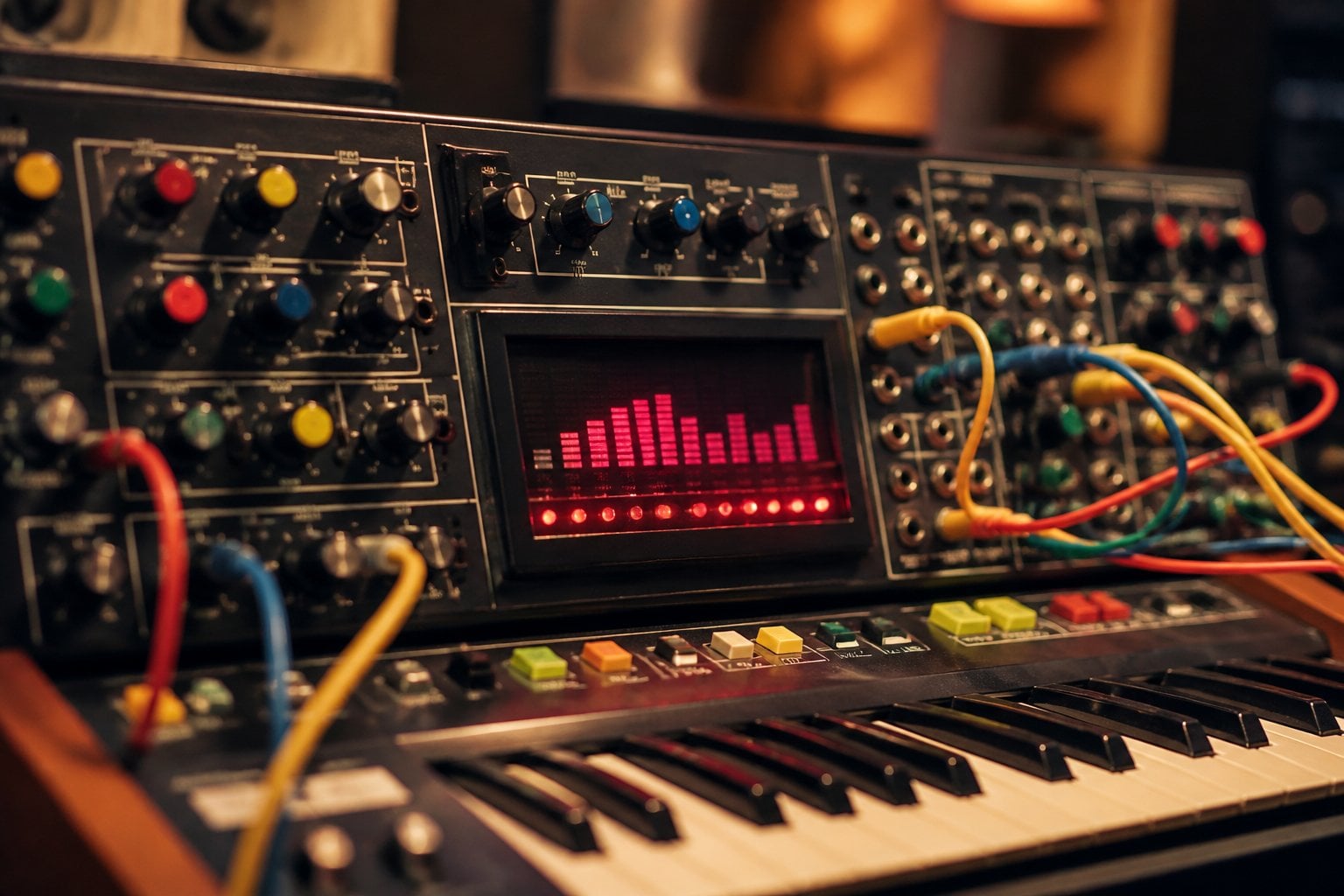 Close-up of a vintage 1980s analog synthesizer with knobs, patch cables, and a glowing arpeggiator display.