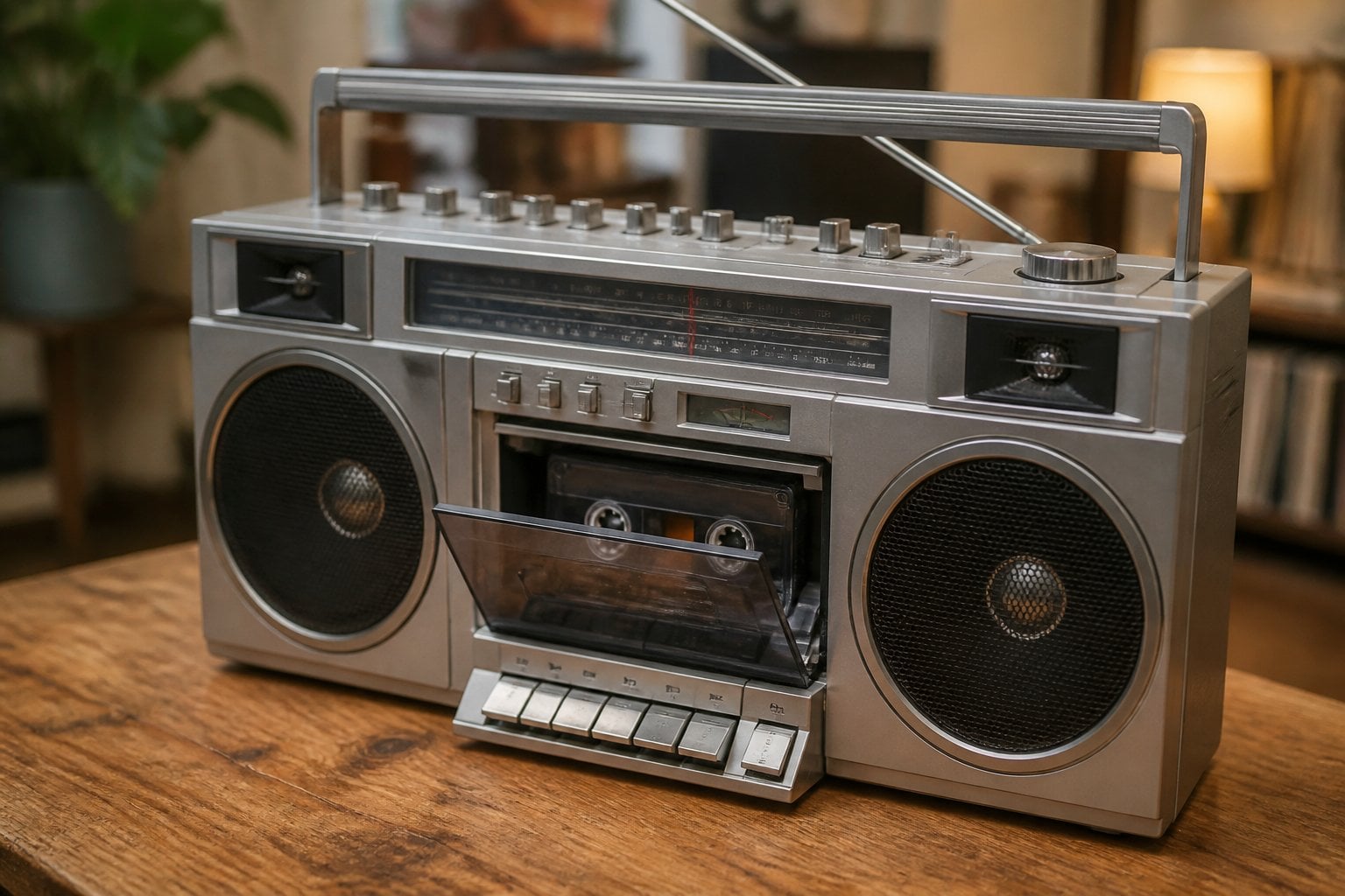 A classic 1980s boom box cassette player with auto-reverse on a wooden table.